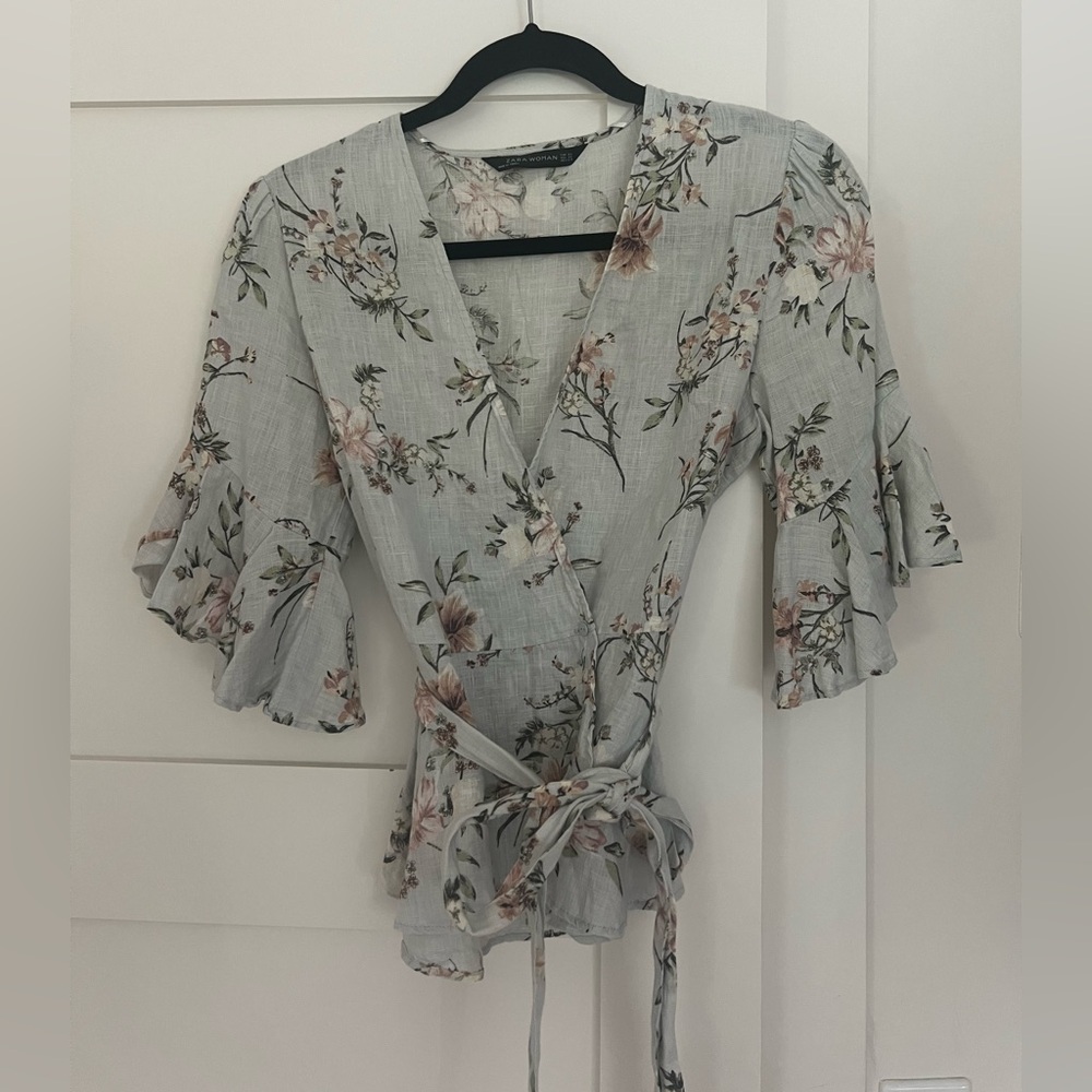 Zara Linen Floral Wrap Blouse